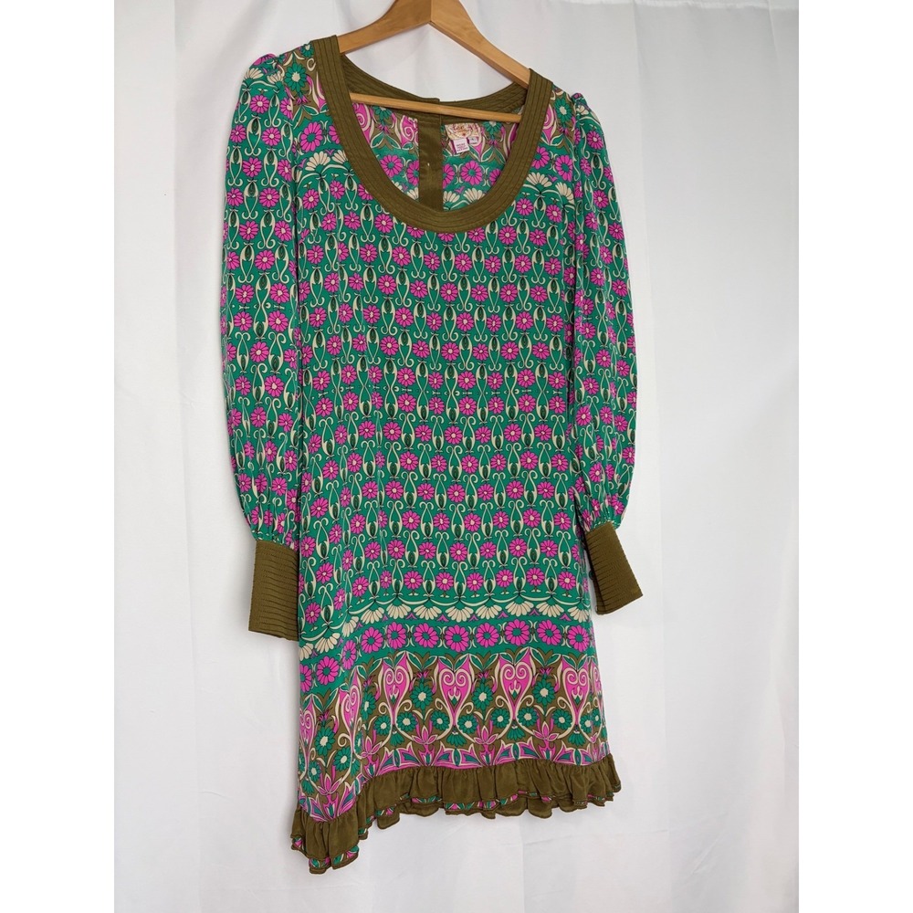 Plenty by Tracy Reese Silk Floral Shift Dress Green Pink Button Back Size 4 Boho